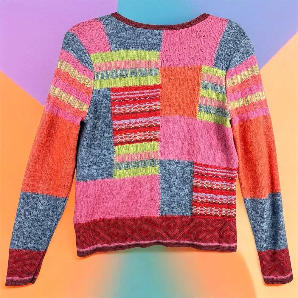 Christopher & Banks Colorful Patchwork Women's Sweater Hand Embroidered Medium - Picture 2 of 9